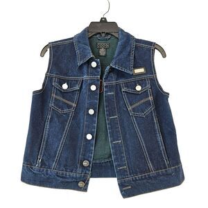 Coogi Denim Biker Be Vest Womens 8 Blue Jean Jacket Eagle Design On Back Vtg Y2K